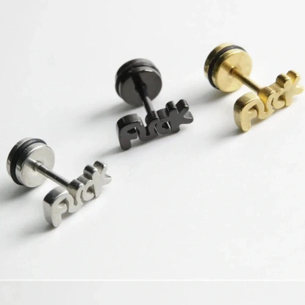 Single Accent Unisex Fashion Stainless Steel Letter Ear Stud Earrings Women Men